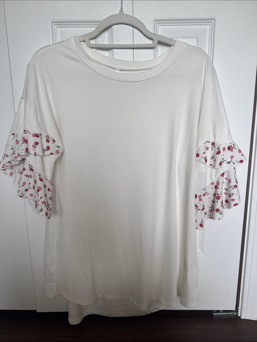 Women’s Cream Ruffle Sleeve Top with Pink Floral Detail